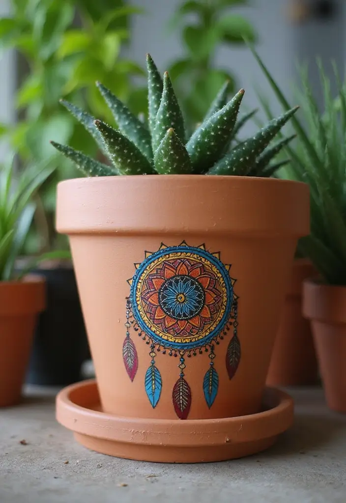 25 Clay Flower Pot Painting Ideas That Make Indoor Plants Stunning - 1. Bohemian Dreamcatcher