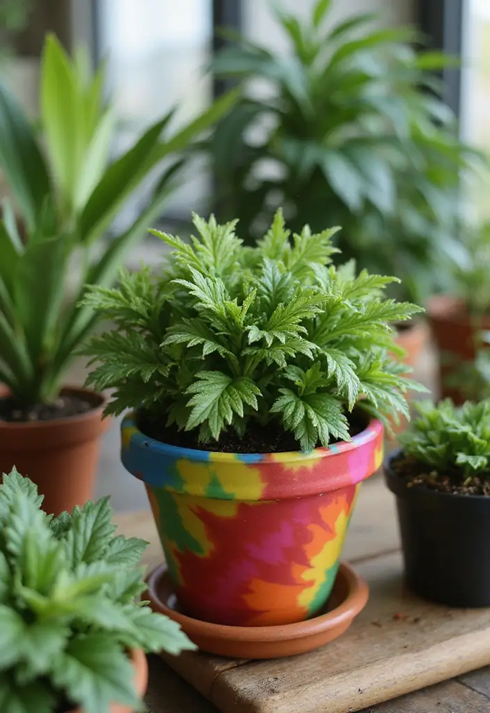 25 Clay Flower Pot Painting Ideas That Make Indoor Plants Stunning - 11. Tie-Dye Technique