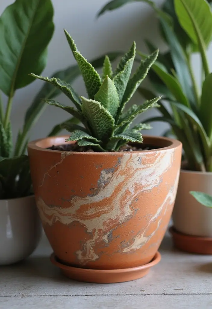 25 Clay Flower Pot Painting Ideas That Make Indoor Plants Stunning - 14. Marbled Effect