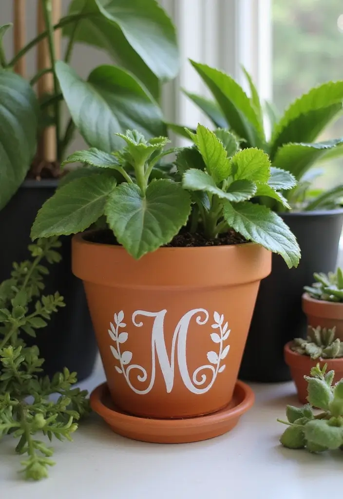 25 Clay Flower Pot Painting Ideas That Make Indoor Plants Stunning - 15. Simple Monogram