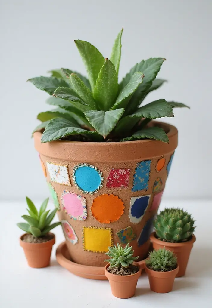 25 Clay Flower Pot Painting Ideas That Make Indoor Plants Stunning - 16. Colorful Patchwork