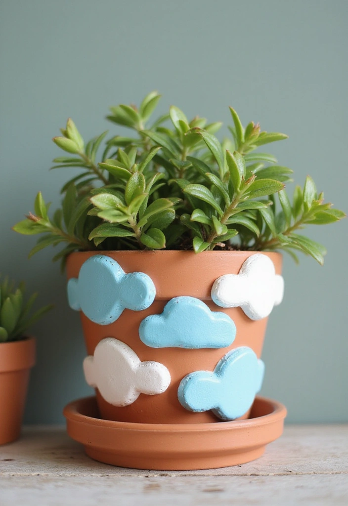 25 Clay Flower Pot Painting Ideas That Make Indoor Plants Stunning - 18. Whimsical Clouds