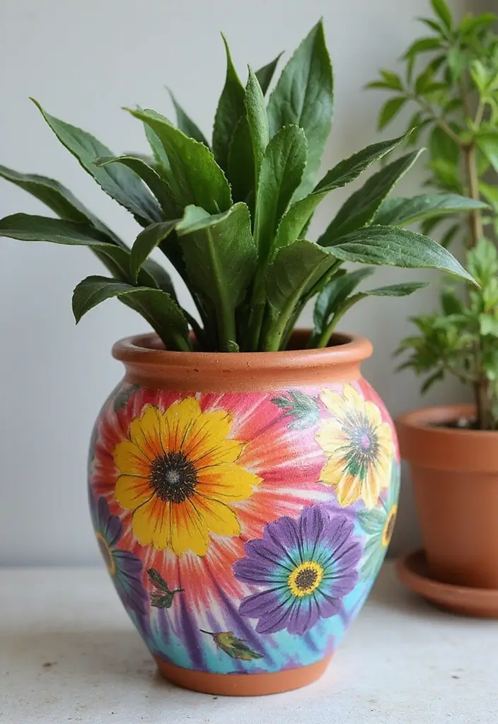 25 Clay Flower Pot Painting Ideas That Make Indoor Plants Stunning - 20. Tie-Dyed Patterns with Nature