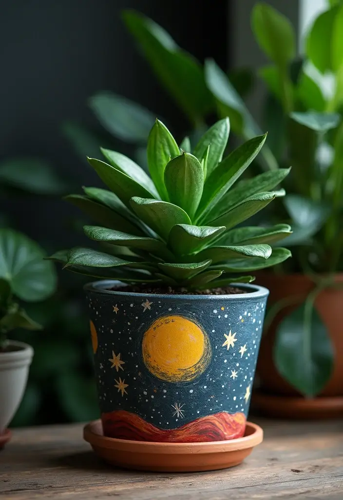 25 Clay Flower Pot Painting Ideas That Make Indoor Plants Stunning - 21. Celestial Designs