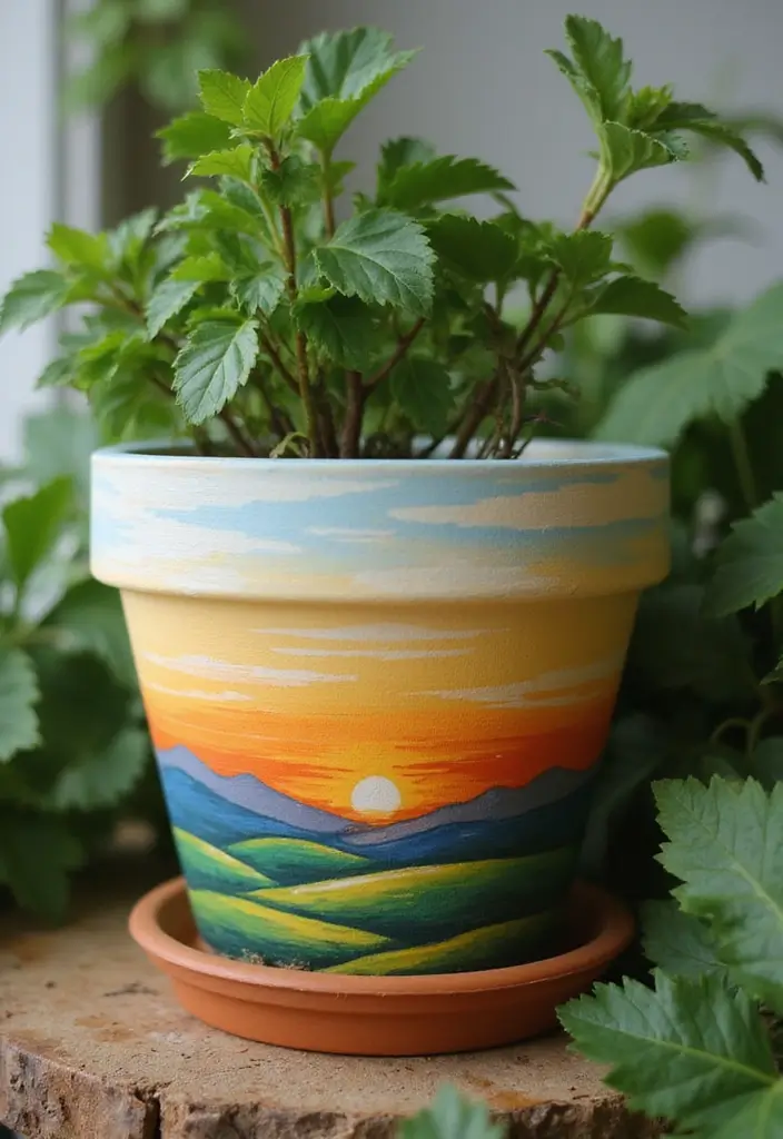 25 Clay Flower Pot Painting Ideas That Make Indoor Plants Stunning - 3. Nature-Inspired Landscapes