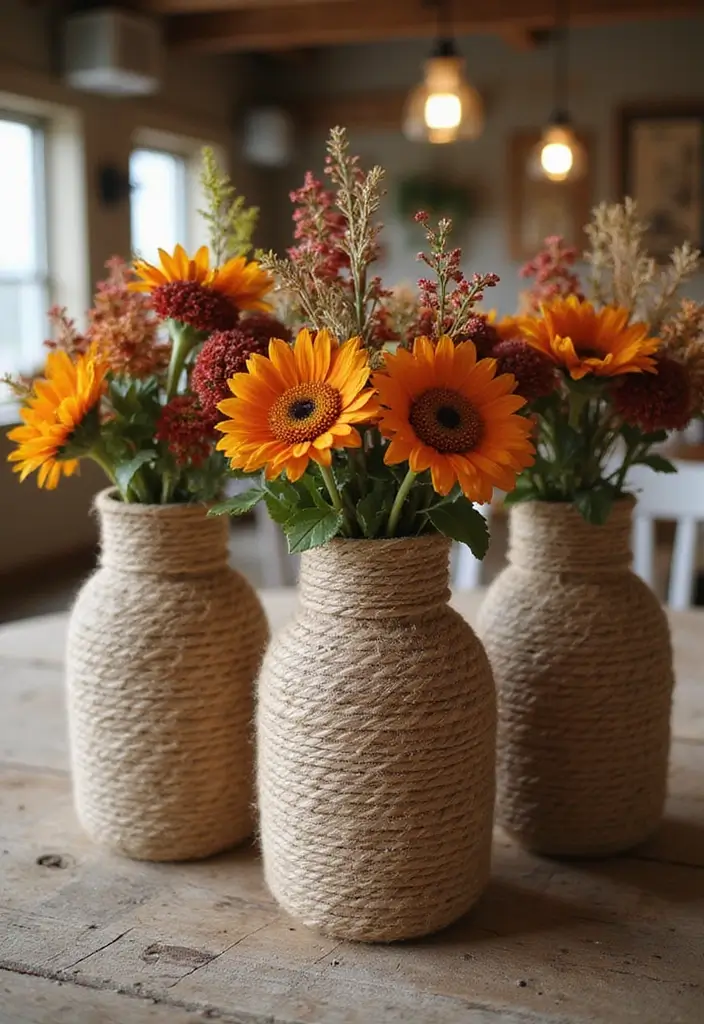 25 Craft Ideas Fall That Make Seasonal Decor Fun and Cozy - 8. Twine-Wrapped Vases