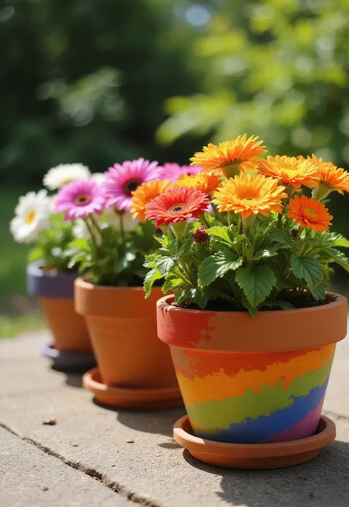 25 Cute Pottery Painting Ideas Anyone Can Try for Fun Home Decor - 1. Rainbow Flower Pots
