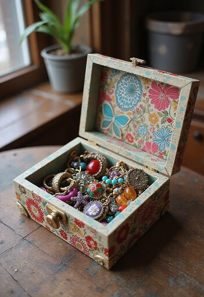 25 DIY Wood Jewelry Box Ideas That Are Elegant and Functional - 17. Fun and Funky Jewelry Box with Decoupage