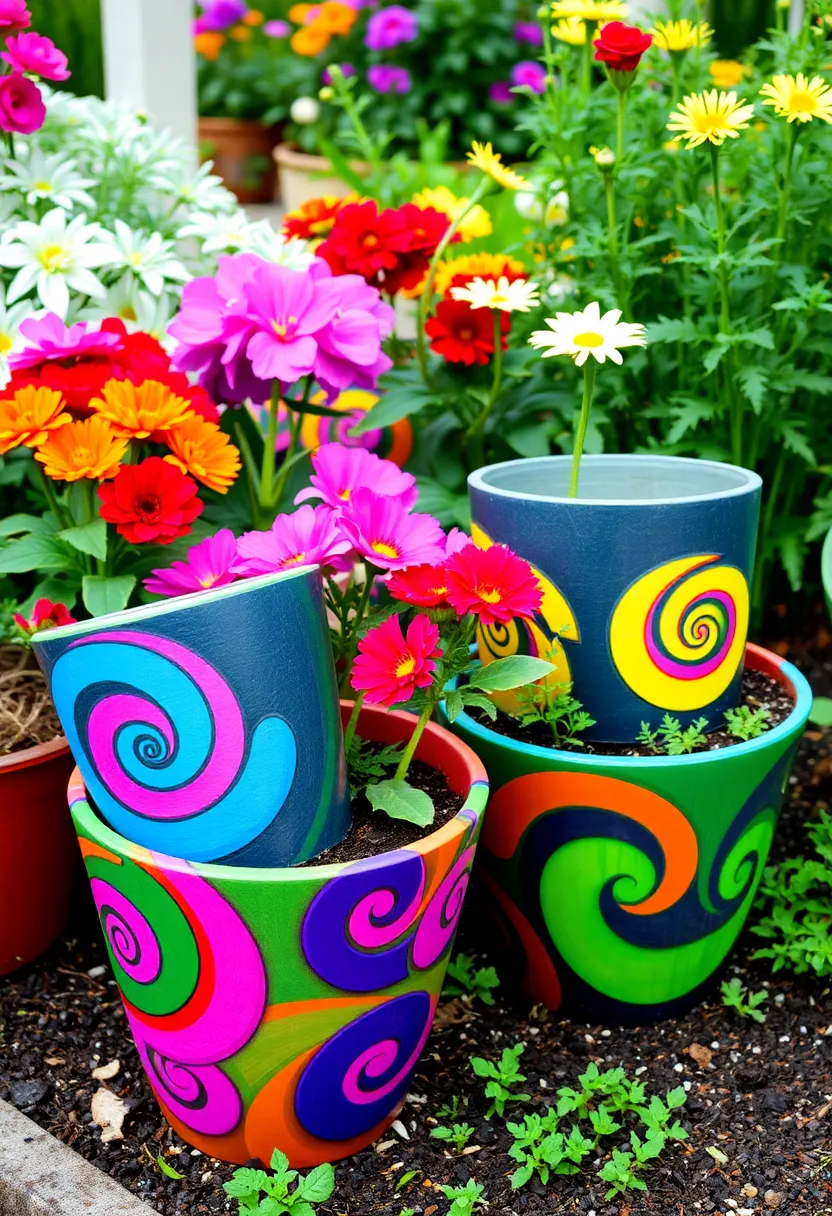 25 Flower Pots Painting Ideas That Bring Color Style and Personality - 10. Artistic Swirls and Spirals