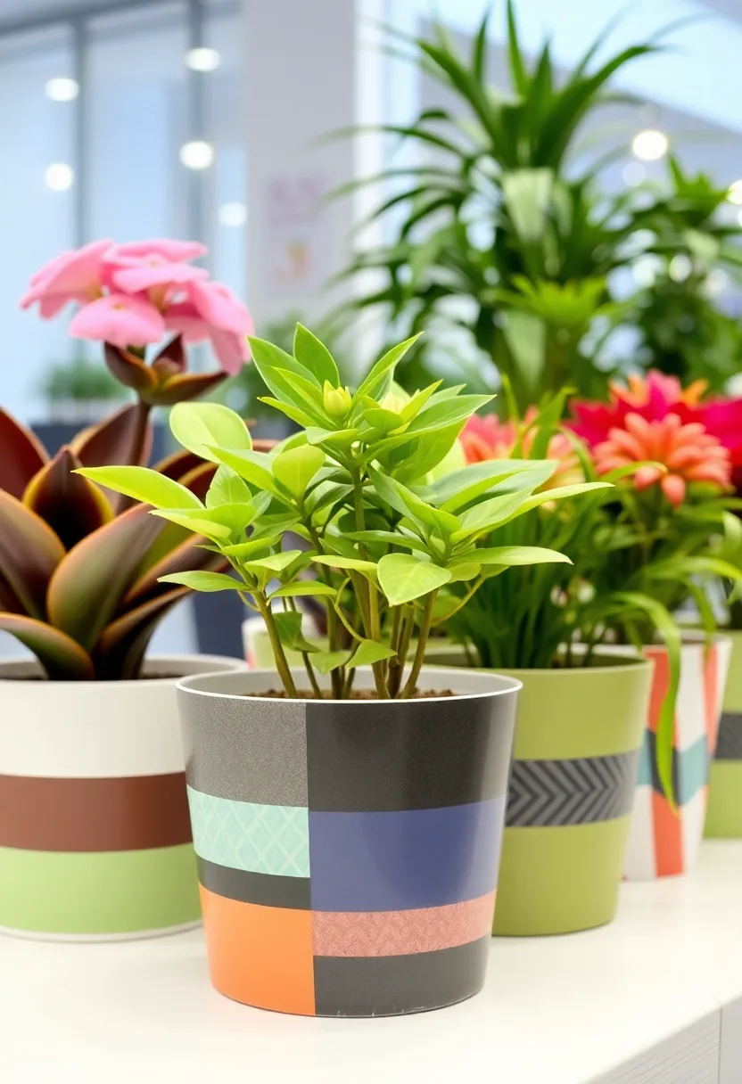 25 Flower Pots Painting Ideas That Bring Color Style and Personality - 11. Patterned Tape Designs