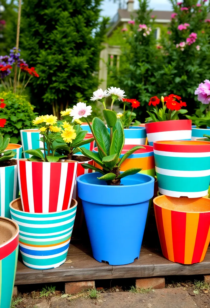 25 Flower Pots Painting Ideas That Bring Color Style and Personality - 12. Classic Stripes