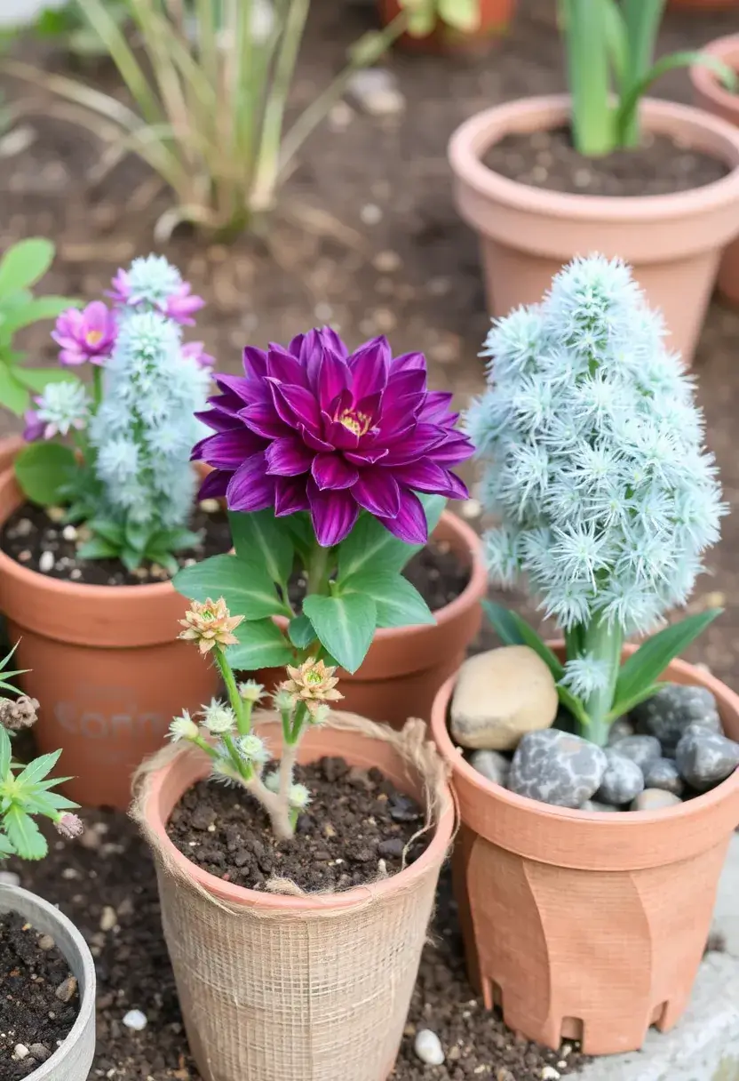 25 Flower Pots Painting Ideas That Bring Color Style and Personality - 21. Textured Nature-Inspired Designs