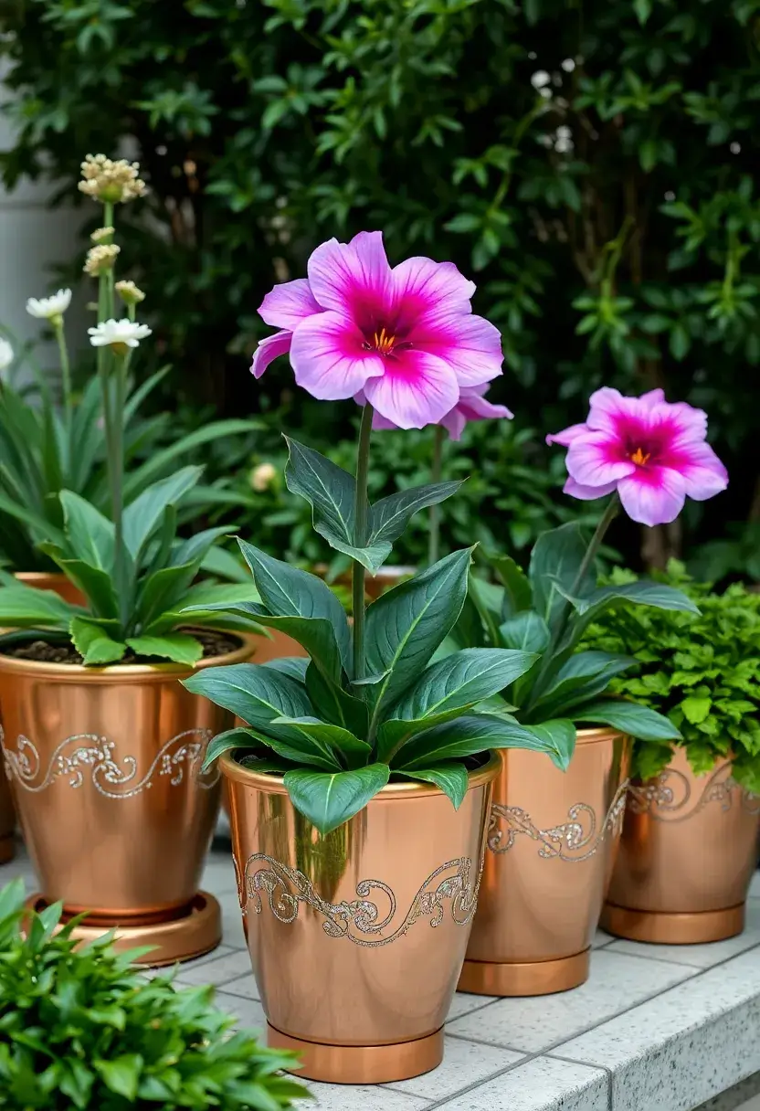 25 Flower Pots Painting Ideas That Bring Color Style and Personality - 25. Glimmering Metallic Accents