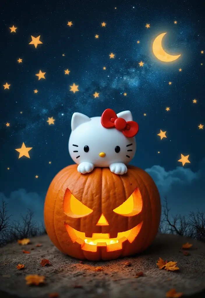 25 Pumpkin Painting Ideas Hello Kitty That Are Fun and Playful - 11. Hello Kitty on a Starry Night Pumpkin