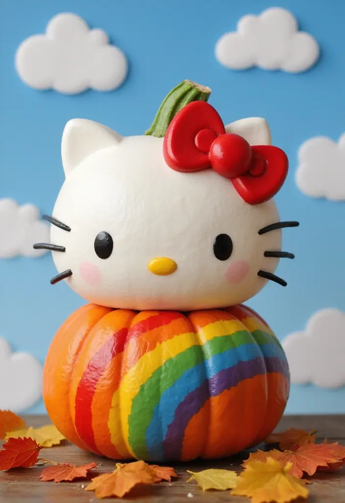 25 Pumpkin Painting Ideas Hello Kitty That Are Fun and Playful - 13. Hello Kitty with a Rainbow