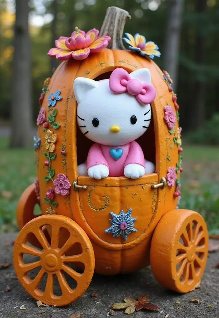 25 Pumpkin Painting Ideas Hello Kitty That Are Fun and Playful - 14. Hello Kitty in a Pumpkin Carriage