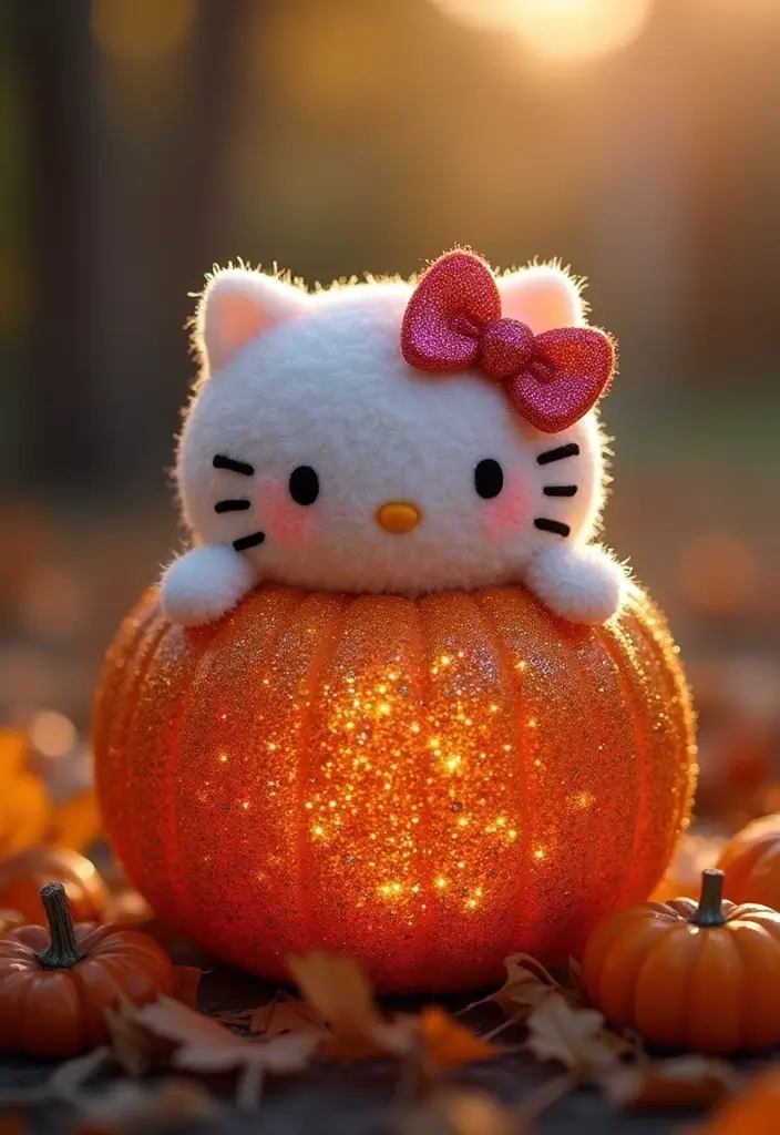 25 Pumpkin Painting Ideas Hello Kitty That Are Fun and Playful - 2. Hello Kitty Pumpkin with Glitter