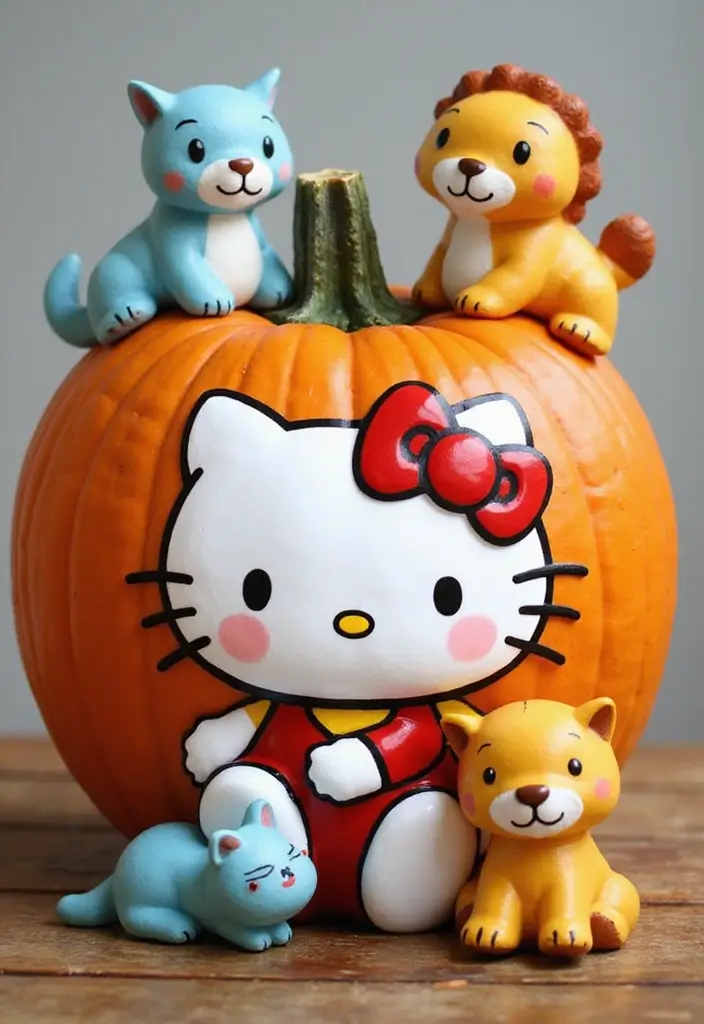 25 Pumpkin Painting Ideas Hello Kitty That Are Fun and Playful - 21. Hello Kitty with Animal Friends