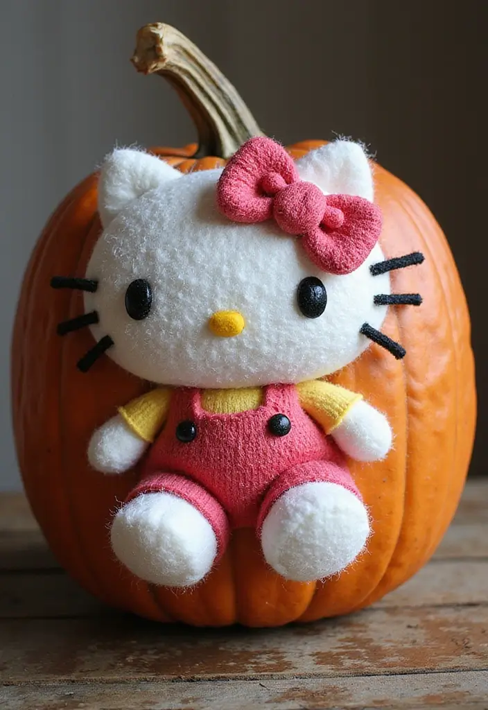 25 Pumpkin Painting Ideas Hello Kitty That Are Fun and Playful - 22. Textured Hello Kitty Pumpkin