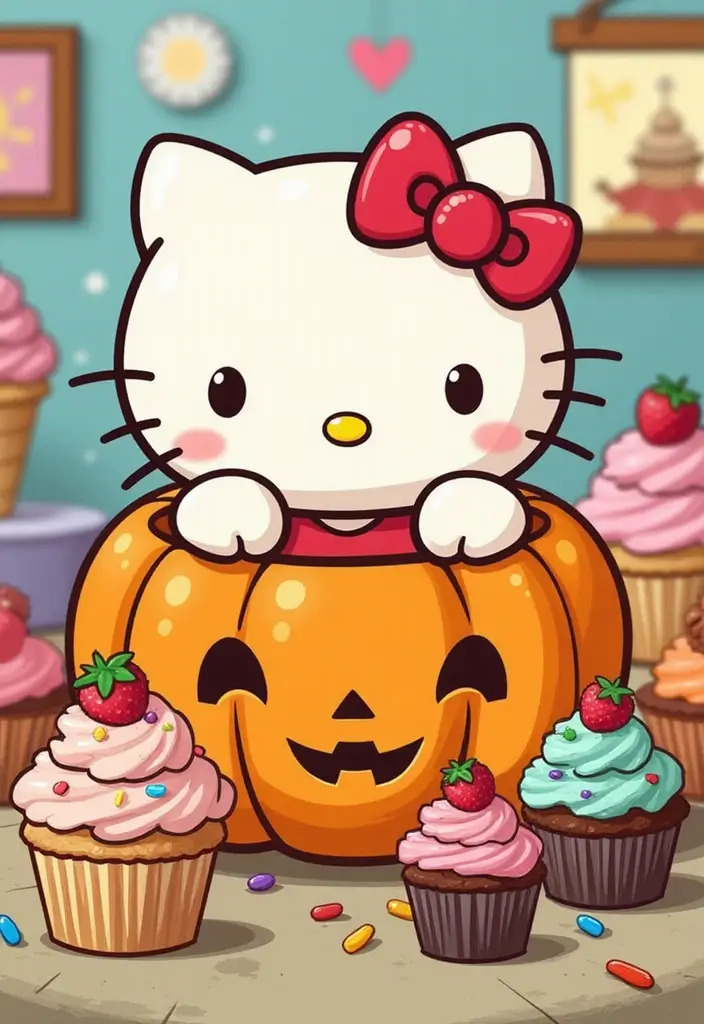 25 Pumpkin Painting Ideas Hello Kitty That Are Fun and Playful - 24. Hello Kitty’s Foodie Pumpkin