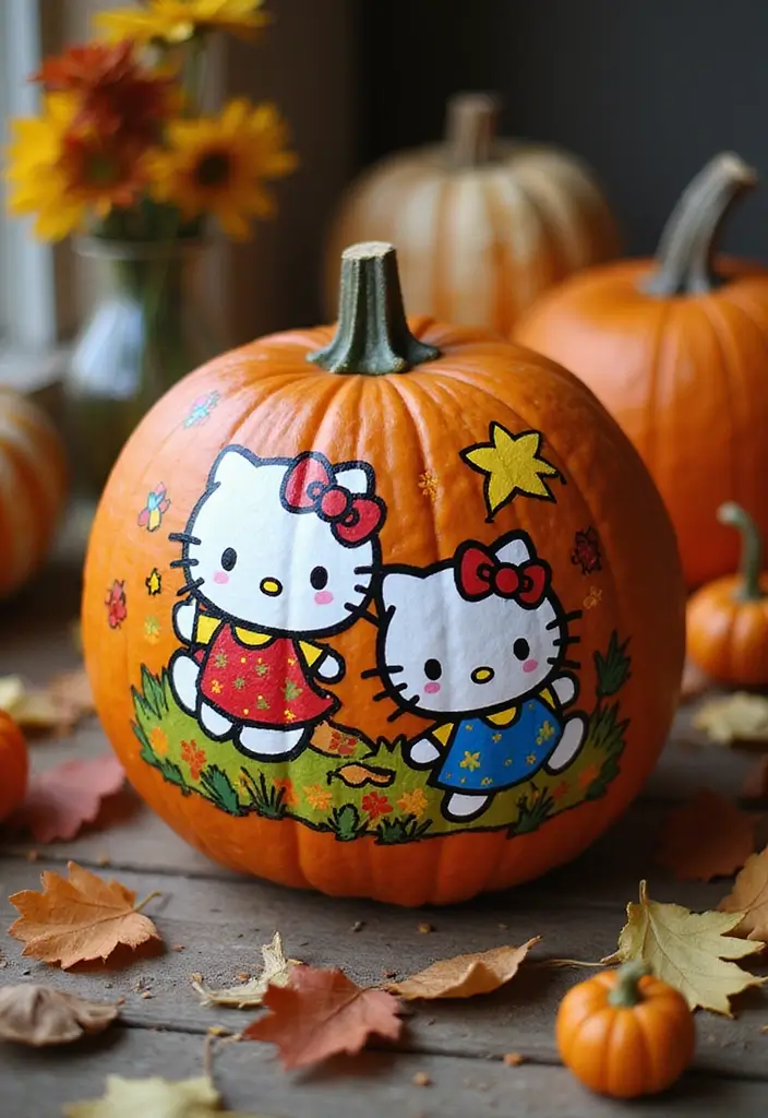 25 Pumpkin Painting Ideas Hello Kitty That Are Fun and Playful - 3. Hello Kitty and Friends Pumpkin