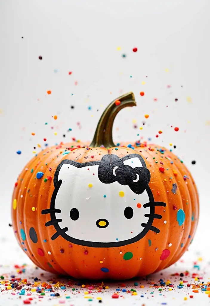 25 Pumpkin Painting Ideas Hello Kitty That Are Fun and Playful - 8. Splatter Paint Hello Kitty Pumpkin