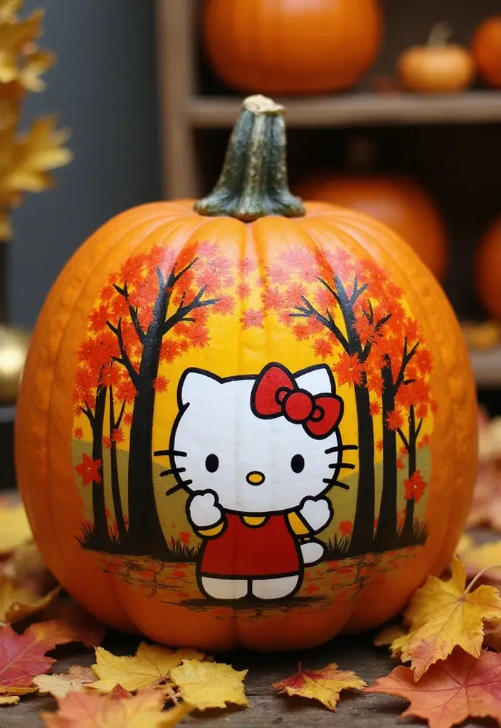 25 Pumpkin Painting Ideas Hello Kitty That Are Fun and Playful - 9. Hello Kitty in a Fall Scene