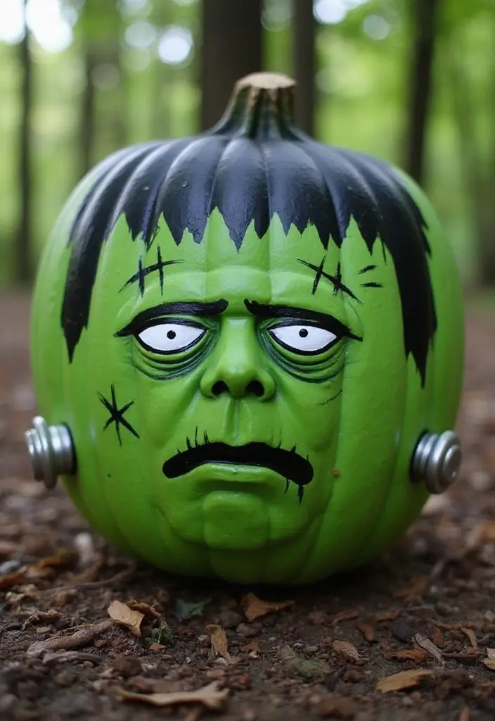 25 Scary Pumpkin Painting Ideas That Wow Every Guest This Halloween - 10. Frankenstein's Monster Pumpkin