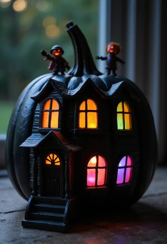 25 Scary Pumpkin Painting Ideas That Wow Every Guest This Halloween - 12. Haunted House Pumpkin