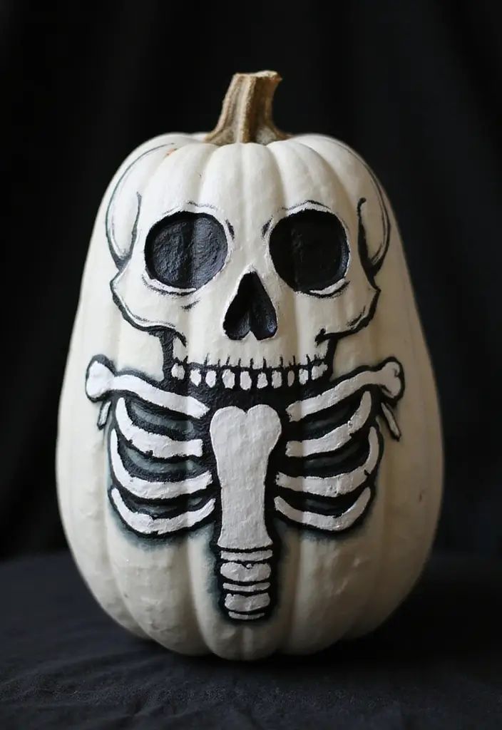 25 Scary Pumpkin Painting Ideas That Wow Every Guest This Halloween - 13. Sinister Skeleton Pumpkin