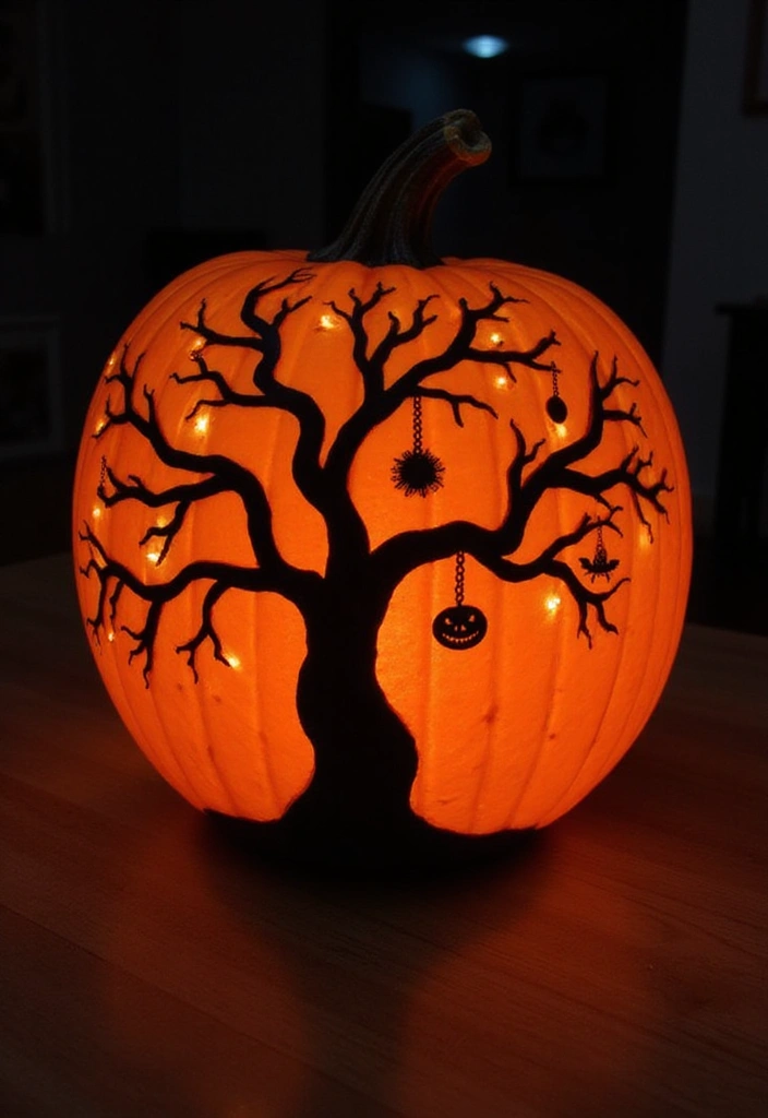 25 Scary Pumpkin Painting Ideas That Wow Every Guest This Halloween - 14. Spooky Tree Pumpkin