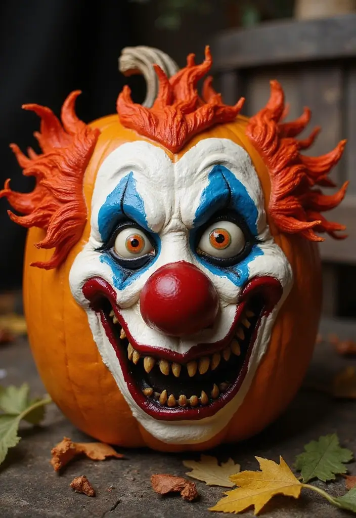 25 Scary Pumpkin Painting Ideas That Wow Every Guest This Halloween - 15. Scary Clown Pumpkin Face