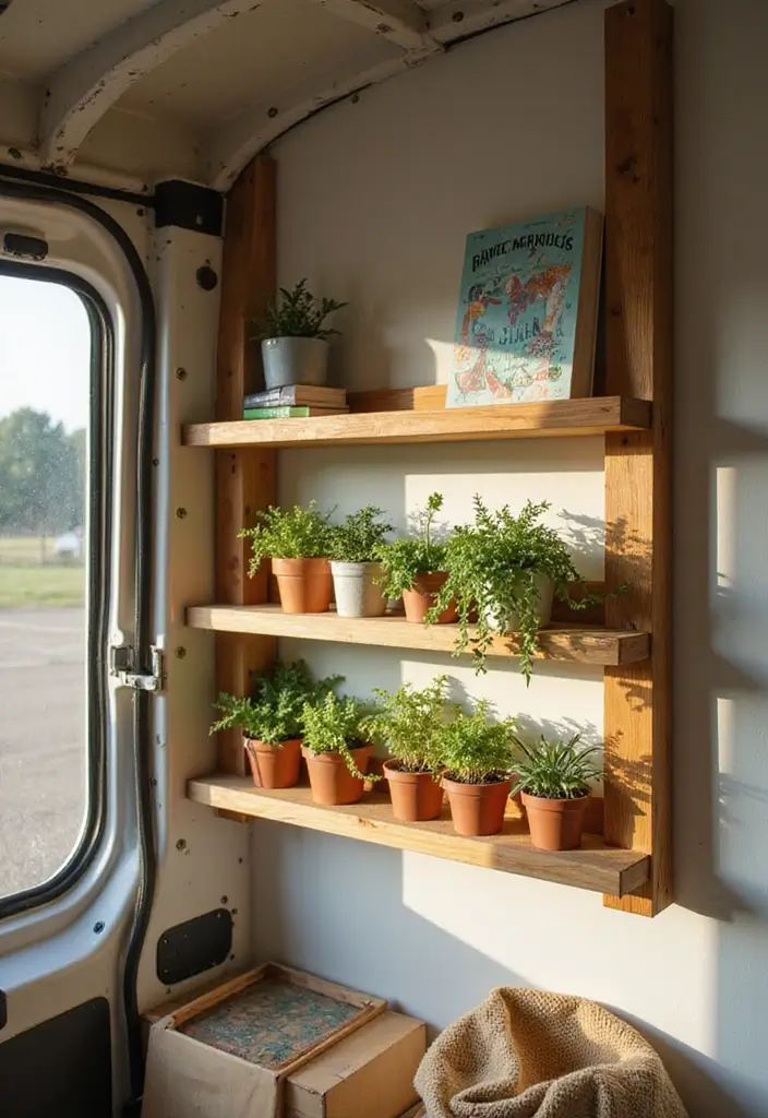 25 Van Decoration Ideas That Make Vehicles Fun and Eye-Catching - 3. DIY Wooden Shelves