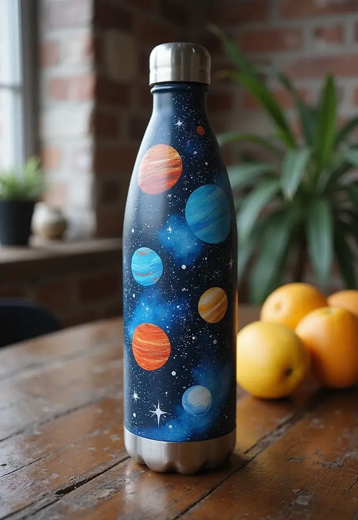 25 Water Bottle Painting Ideas That Make Hydration Fun and Personalized - 12. Cosmic Themes