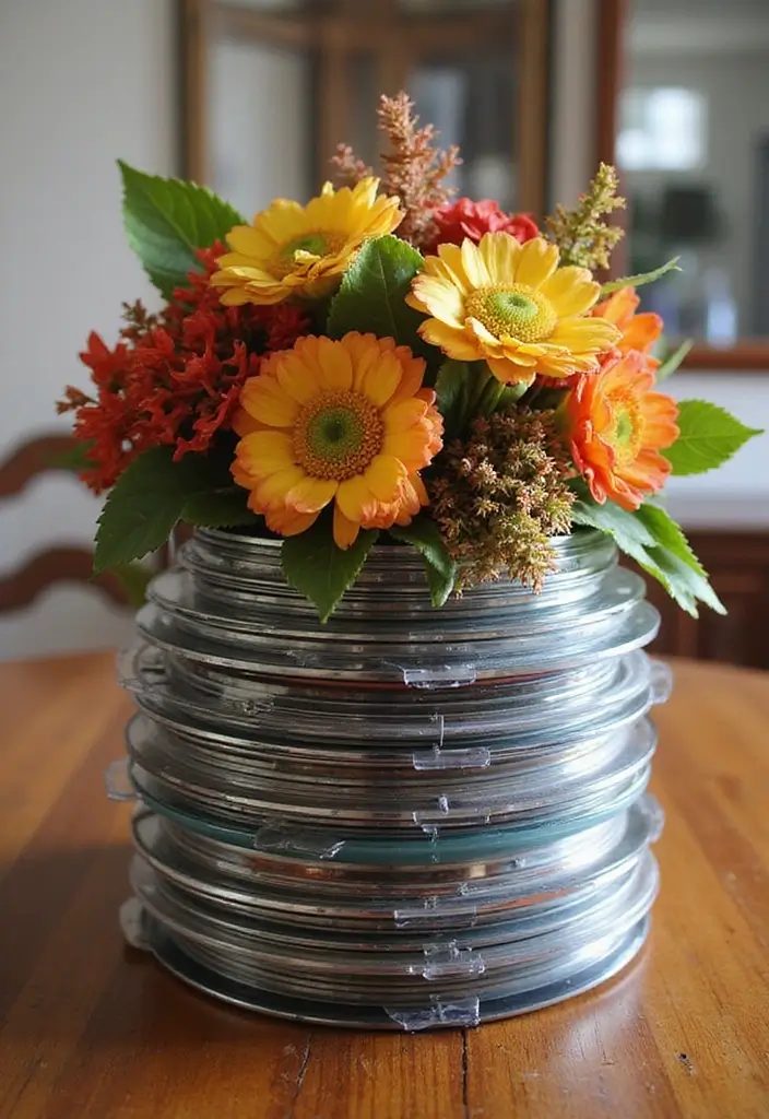 26 CD Decoration Ideas That Turn Old Discs Into Creative Decor - 14. Recycled Table Centerpiece