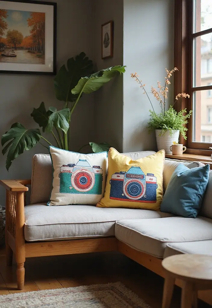 26 Camera Decoration Ideas That Make Photography Gear Fun and Stylish - 11. Funky Camera Throw Pillows