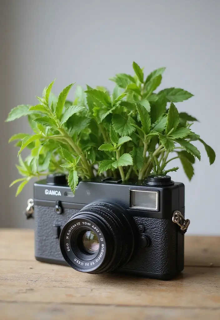26 Camera Decoration Ideas That Make Photography Gear Fun and Stylish - 3. Crafty Camera Plant Holders
