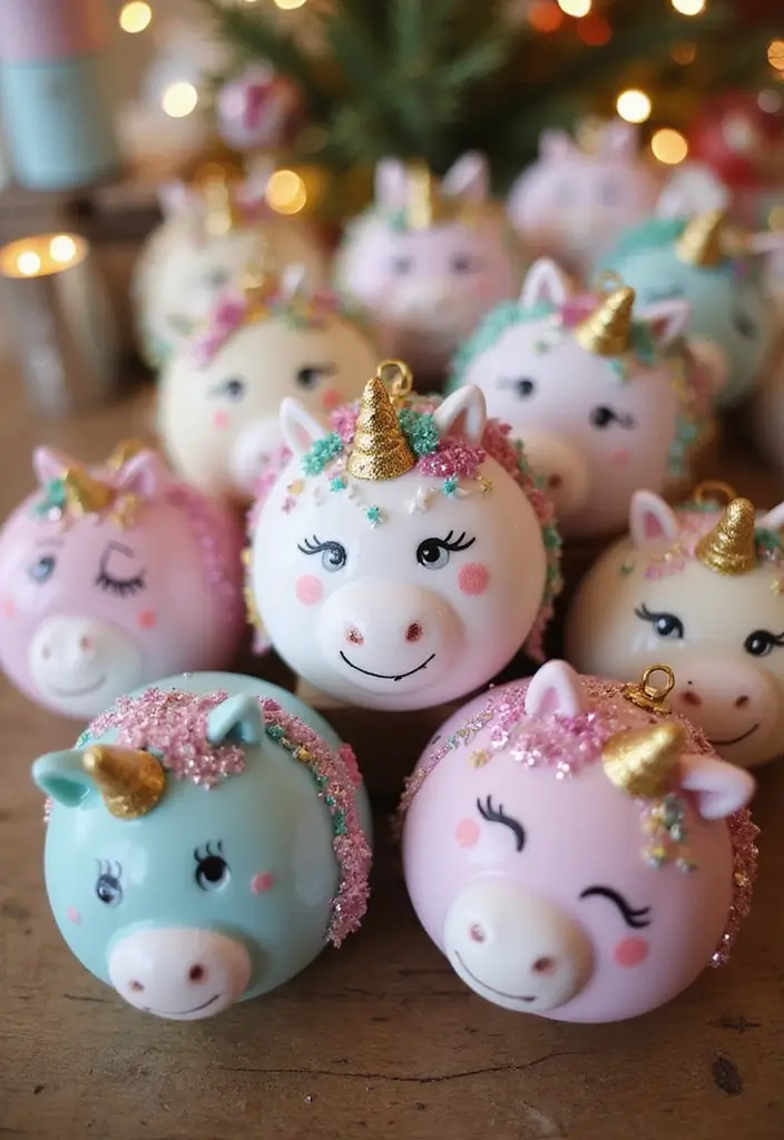 26 Christmas Pottery Painting Ideas That Bring Holiday Cheer to Your Home - 14. Magical Unicorn Ornaments