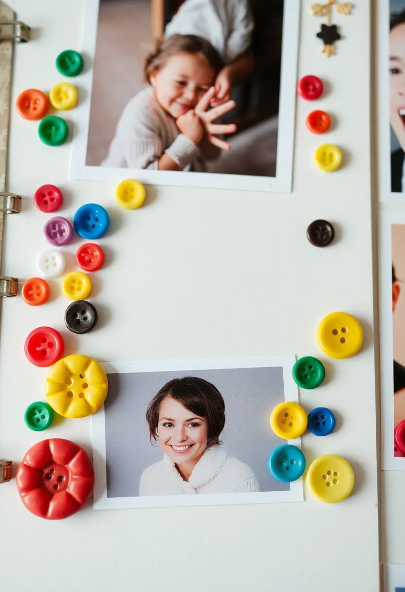 26 Craft Ideas With Buttons That Make Everyday Items Stylish - 25. Button Scrapbook Embellishments