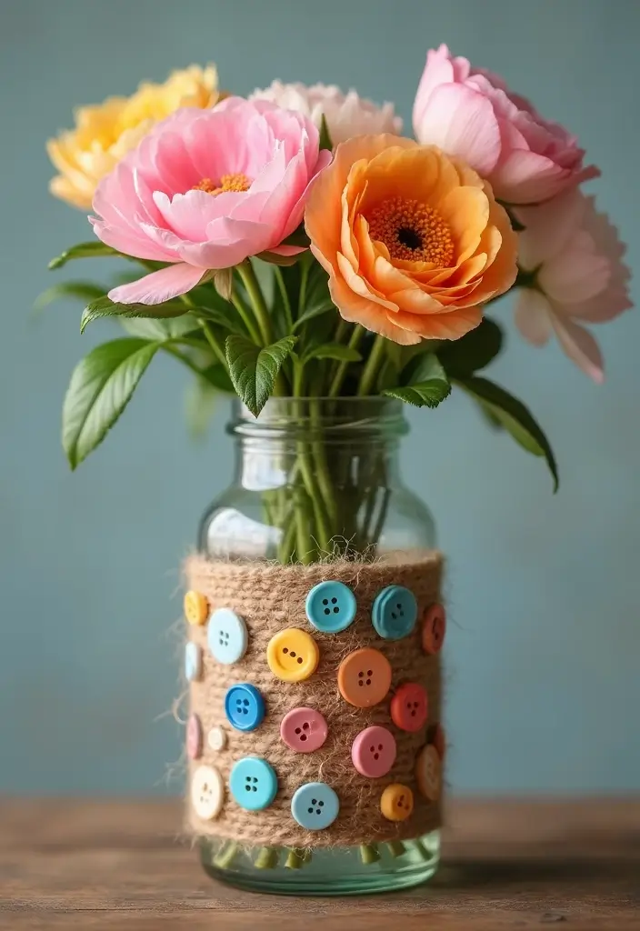 26 Craft Ideas With Buttons That Make Everyday Items Stylish - 3. Button-Embellished Vases