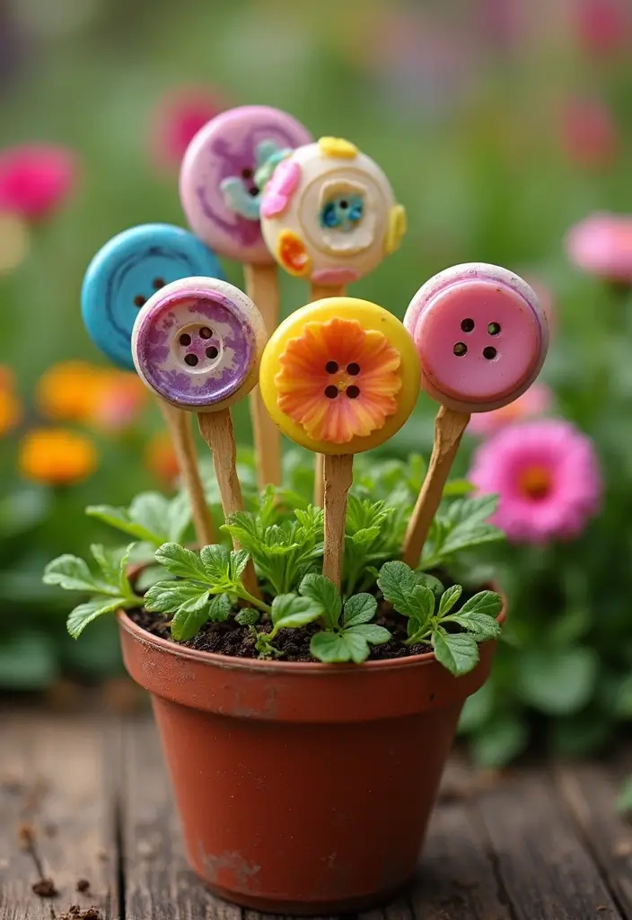 26 Craft Ideas With Buttons That Make Everyday Items Stylish - 8. Button Garden Markers