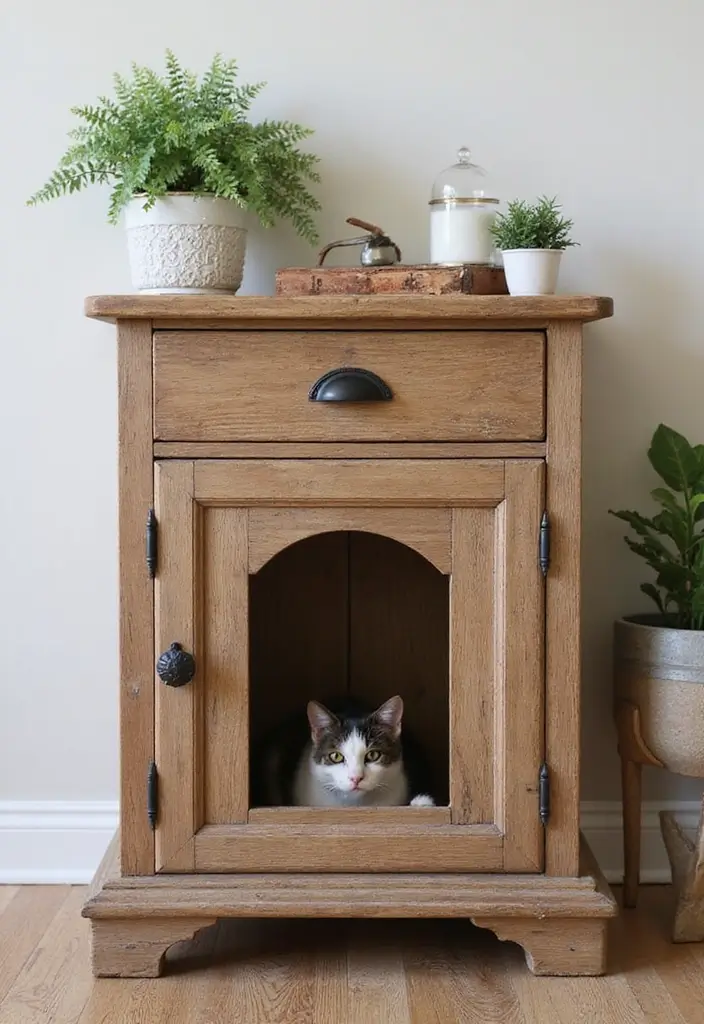 26 DIY Cat Litter Box Ideas That Are Practical and Stylish - 1. Rustic Wooden Cabinet Litter Box