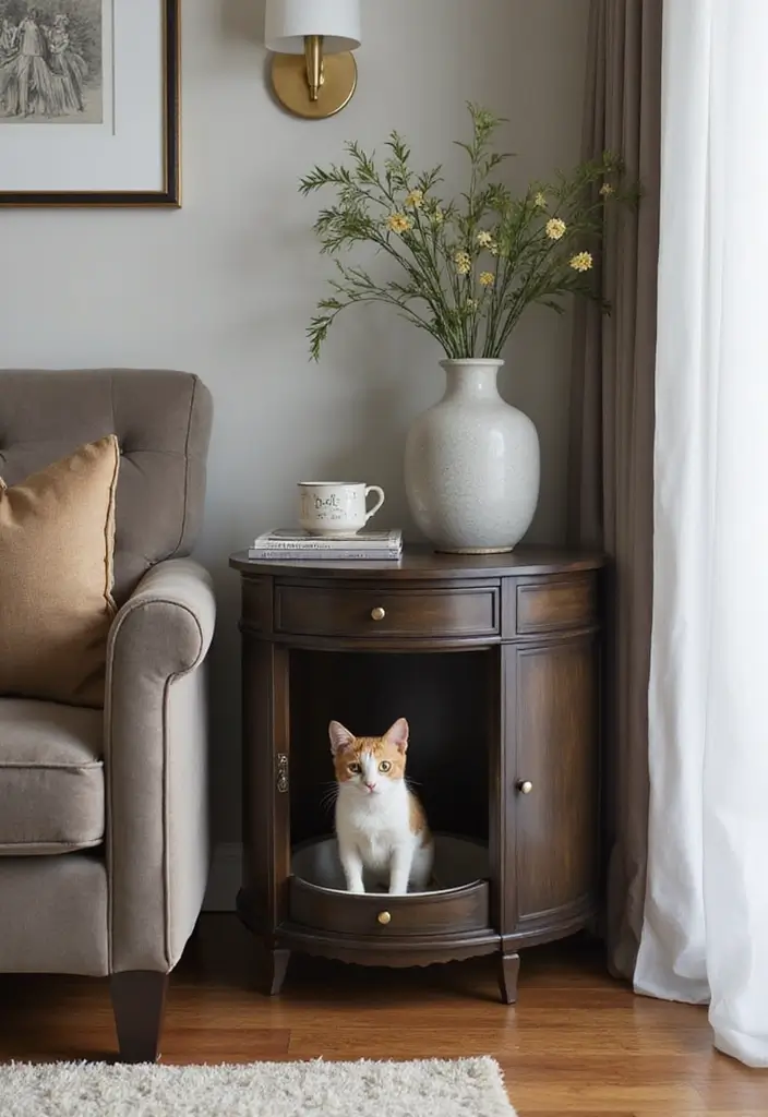 26 DIY Cat Litter Box Ideas That Are Practical and Stylish - 2. Stylish Side Table Litter Box