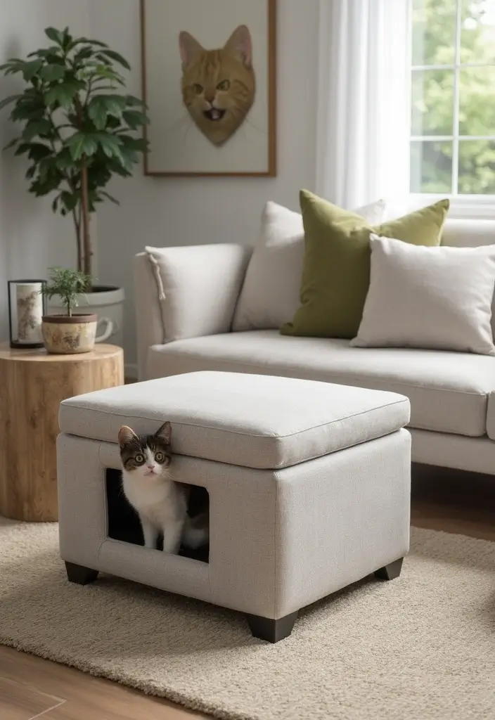 26 DIY Cat Litter Box Ideas That Are Practical and Stylish - 8. Litter Box Storage Ottoman