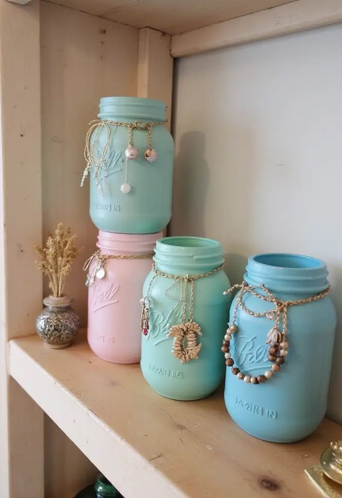26 DIY Jewelry Box Ideas That Organize And Showcase Jewelry - 2. Mason Jar Jewelry Organizer