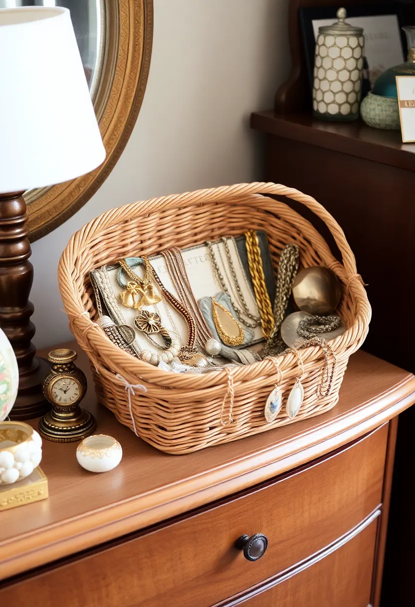 26 DIY Jewelry Box Ideas That Organize And Showcase Jewelry - 20. Woven Basket Jewelry Display