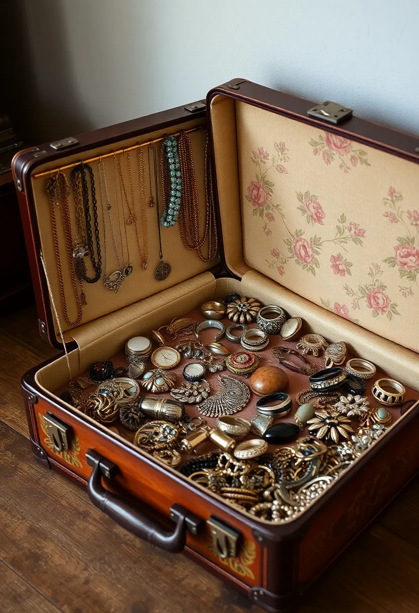 26 DIY Jewelry Box Ideas That Organize And Showcase Jewelry - 25. Vintage Suitcase Jewelry Storage