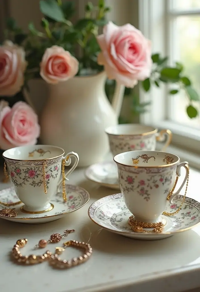 26 DIY Jewelry Box Ideas That Organize And Showcase Jewelry - 3. Vintage Tea Cup Jewelry Holders