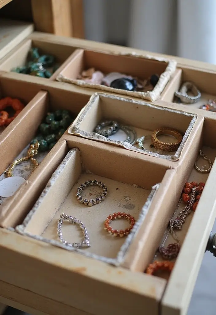 26 DIY Jewelry Box Ideas That Organize And Showcase Jewelry - 4. Drawer Organizer with Recycled Cardboard