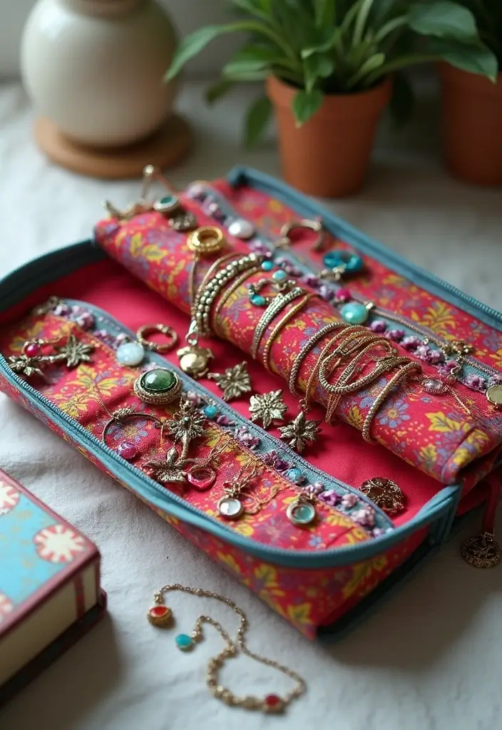 26 DIY Jewelry Box Ideas That Organize And Showcase Jewelry - 5. Fabric Jewelry Roll